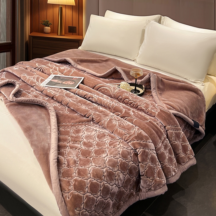 91家纺网 家纺一手货源 找家纺 凯轩毛毯网销专供 2026新款仿刺绣双层加厚压花云毯 豆沙红