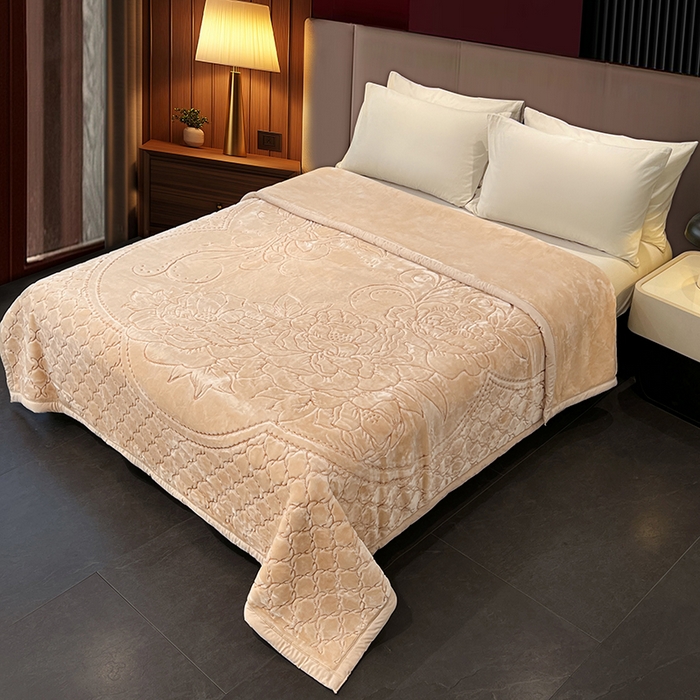 91家纺网 家纺一手货源 找家纺 凯轩毛毯网销专供 2026新款仿刺绣双层加厚压花云毯 奶油咖