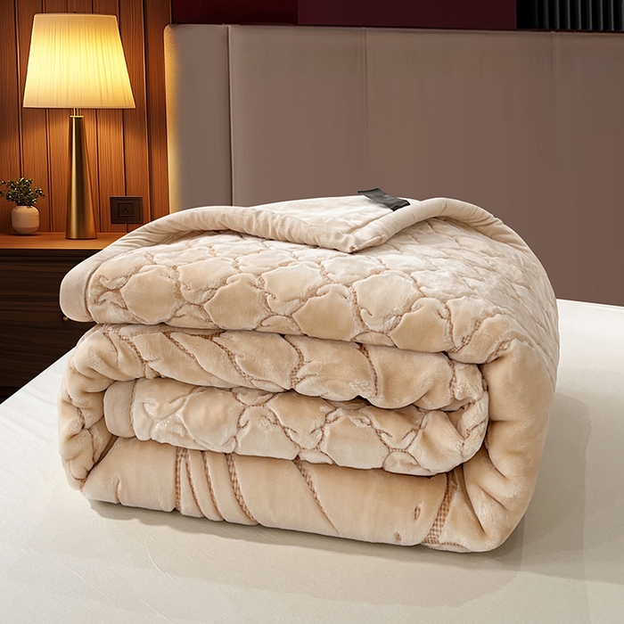 91家纺网 家纺一手货源 找家纺 凯轩毛毯网销专供 2026新款仿刺绣双层加厚压花云毯 奶油咖