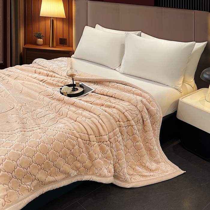 91家纺网 家纺一手货源 找家纺 凯轩毛毯网销专供 2026新款仿刺绣双层加厚压花云毯 奶油咖