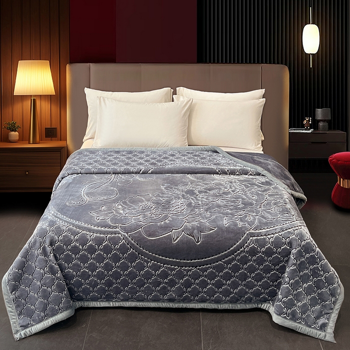 凯轩毛毯网销专供 2026新款仿刺绣双层加厚压花云毯 深灰色