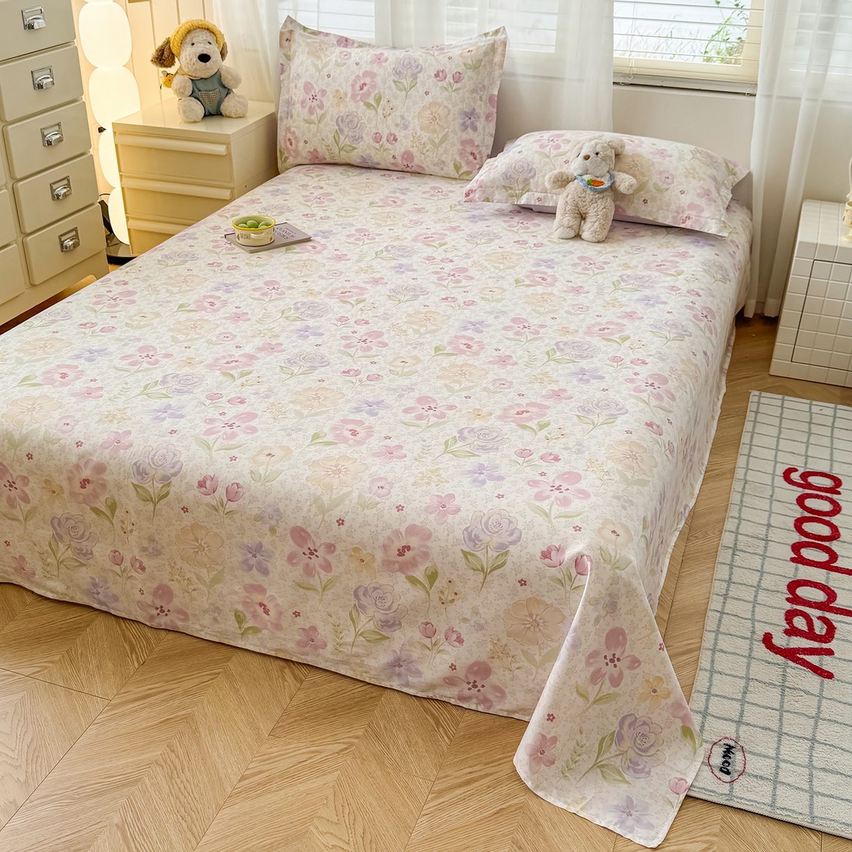 91家纺网 家纺一手货源 找家纺 尚帛 2026新款全棉品质喷气印花爆款四件套 多规格套件 单品系列-四件套 甜心花朵