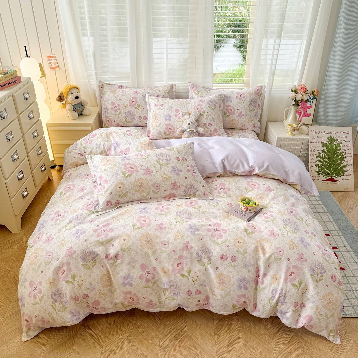 91家纺网 家纺一手货源 找家纺 尚帛 2026新款全棉品质喷气印花爆款四件套 多规格套件 单品系列-四件套 甜心花朵