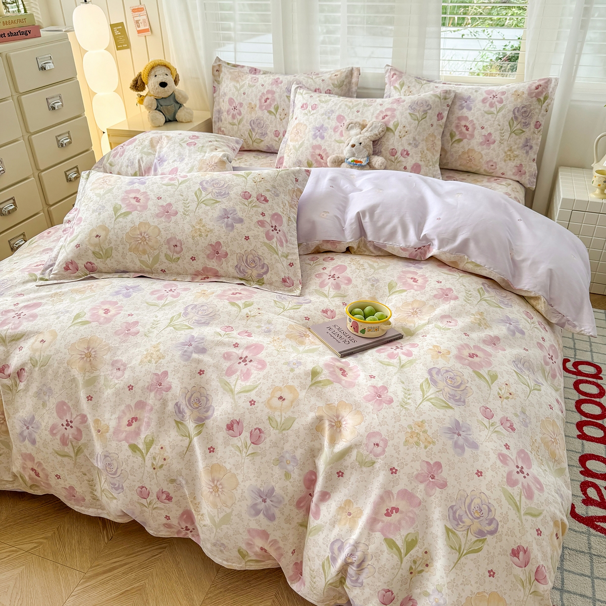 91家纺网 家纺一手货源 找家纺 尚帛 2026新款全棉品质喷气印花爆款四件套 多规格套件 单品系列-四件套 甜心花朵