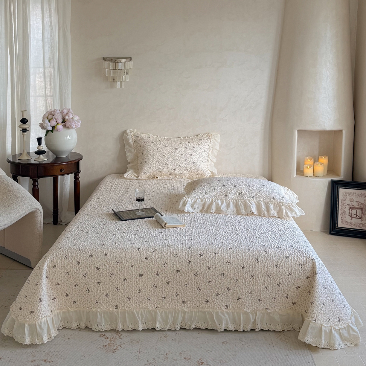（总）琳可家居 2026新款印花全棉双层纱床盖棉布花边高温水洗A类标准夹棉可机洗