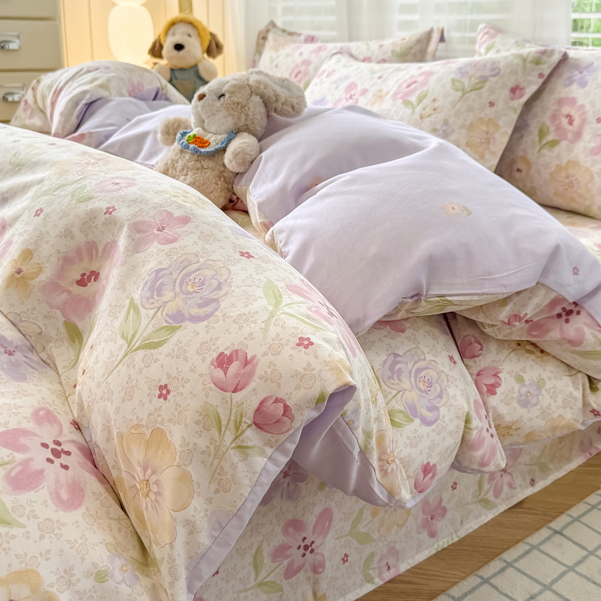 91家纺网 家纺一手货源 找家纺 尚帛 2026新款全棉品质喷气印花爆款四件套 多规格套件 单品系列-四件套 甜心花朵