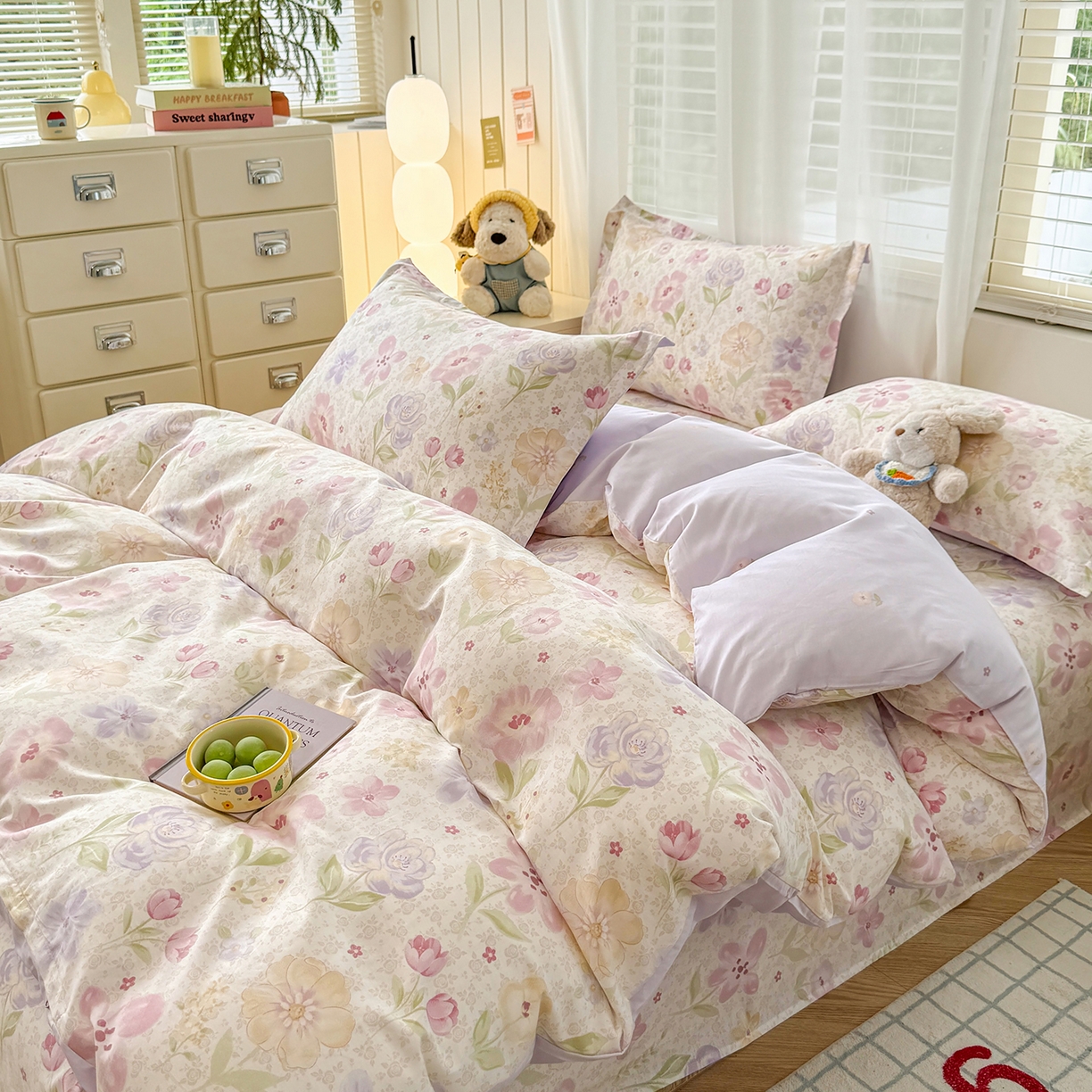 91家纺网 家纺一手货源 找家纺 尚帛 2026新款全棉品质喷气印花爆款四件套 多规格套件 单品系列-四件套 甜心花朵