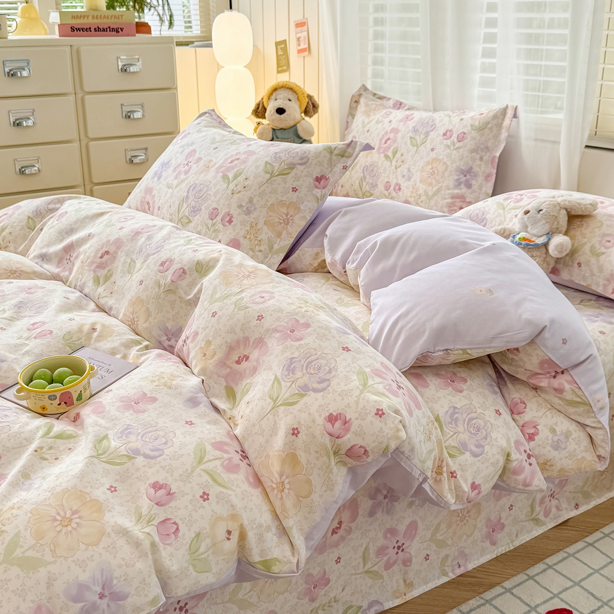 91家纺网 家纺一手货源 找家纺 尚帛 2026新款全棉品质喷气印花爆款四件套 多规格套件 单品系列-四件套 甜心花朵