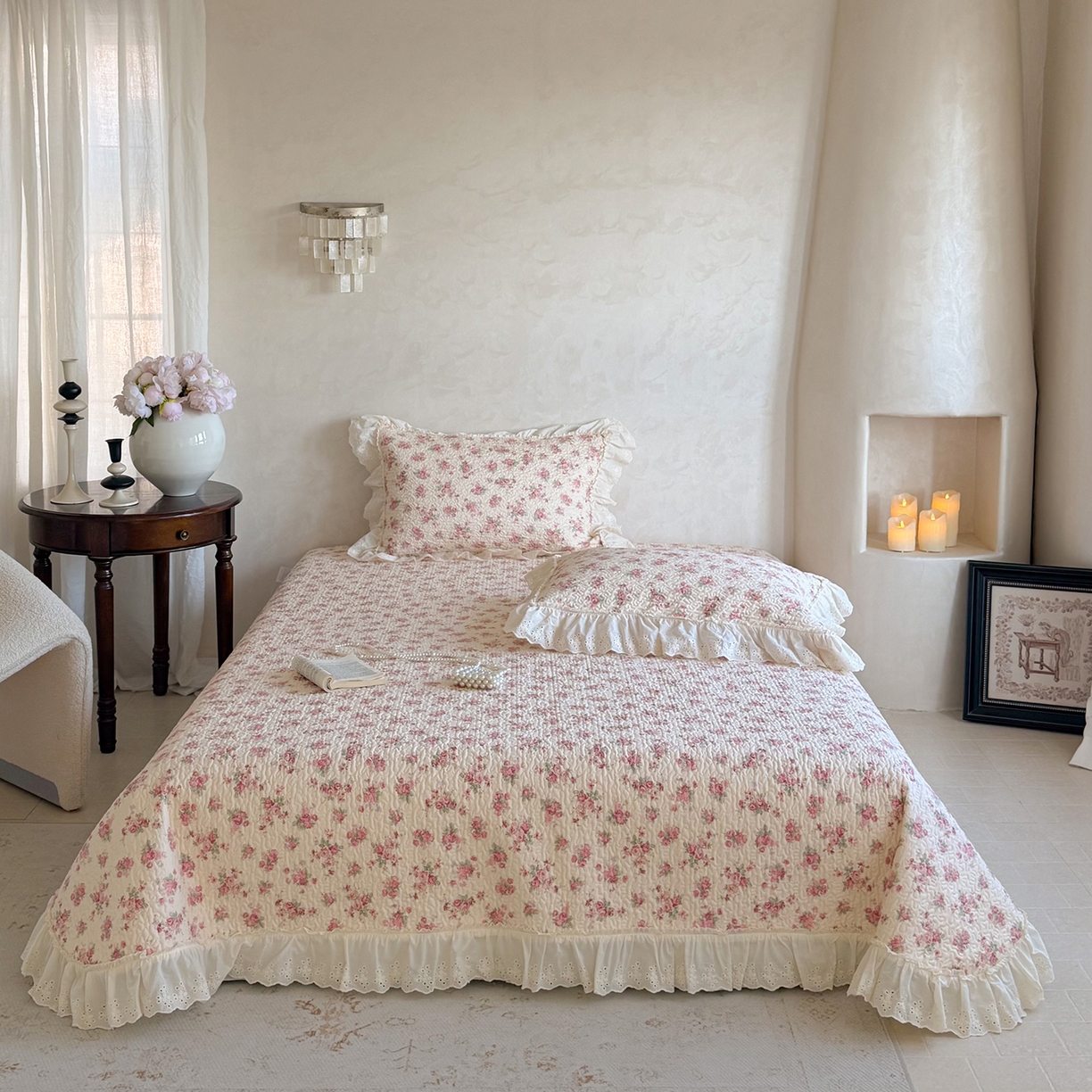 91家纺网 家纺一手货源 找家纺 （总）琳可家居 2026新款印花全棉双层纱床盖棉布花边高温水洗A类标准夹棉可机洗