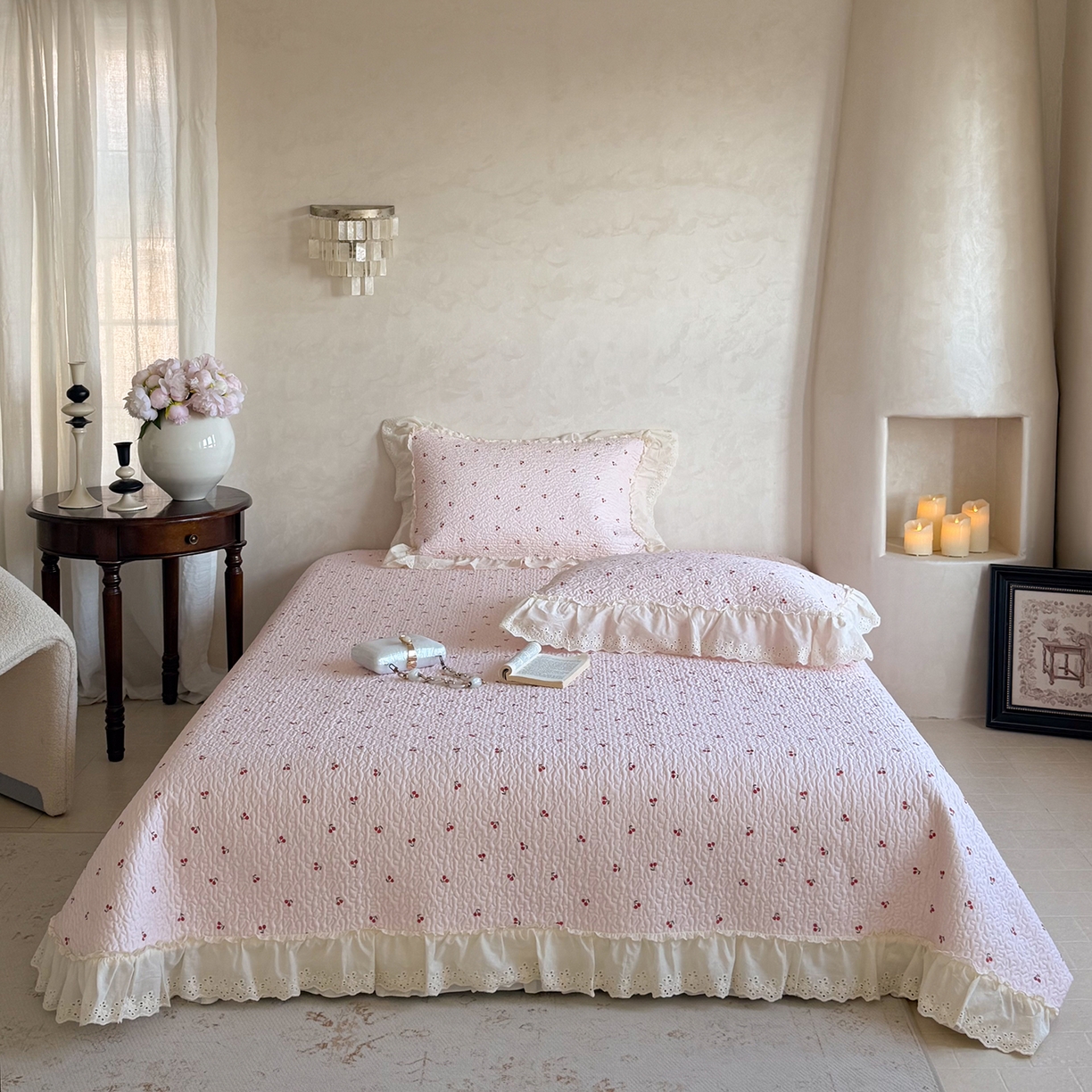 91家纺网 家纺一手货源 找家纺 （总）琳可家居 2026新款印花全棉双层纱床盖棉布花边高温水洗A类标准夹棉可机洗