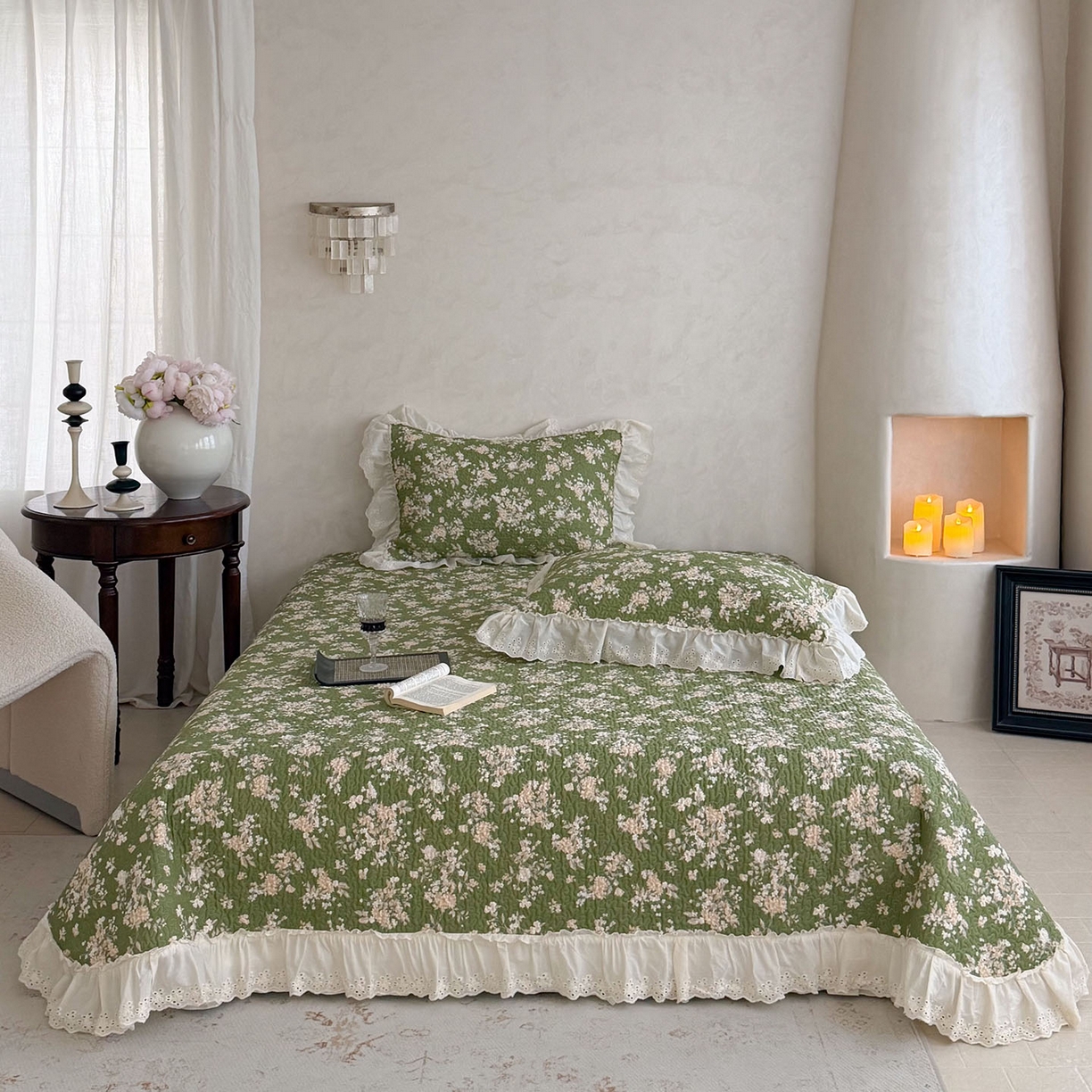 琳可家居 2026新款印花全棉双层纱床盖棉布花边高温水洗A类标准夹棉可机洗 巴黎春天