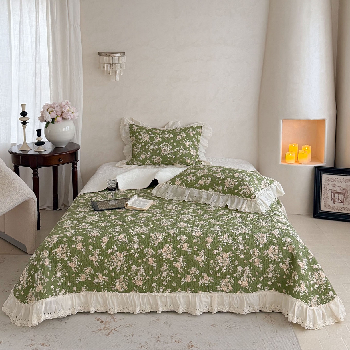 91家纺网 家纺一手货源 找家纺 琳可家居 2026新款印花全棉双层纱床盖棉布花边高温水洗A类标准夹棉可机洗 巴黎春天