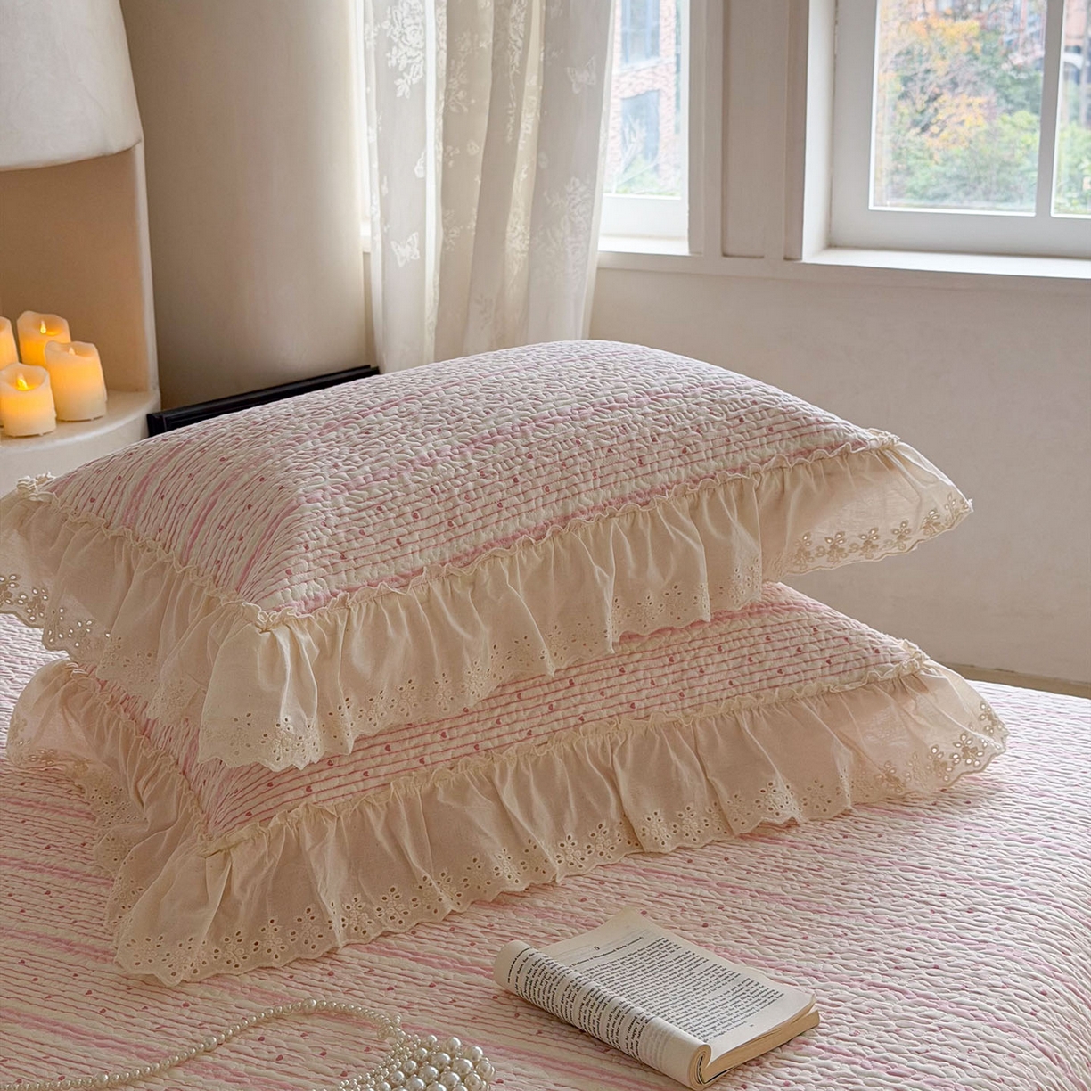 91家纺网 家纺一手货源 找家纺 琳可家居 2026新款印花全棉双层纱床盖棉布花边高温水洗A类标准夹棉可机洗 多彩爱心-粉