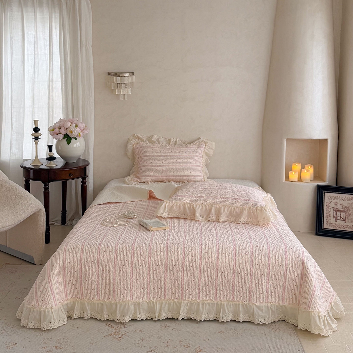 91家纺网 家纺一手货源 找家纺 琳可家居 2026新款印花全棉双层纱床盖棉布花边高温水洗A类标准夹棉可机洗 多彩爱心-粉