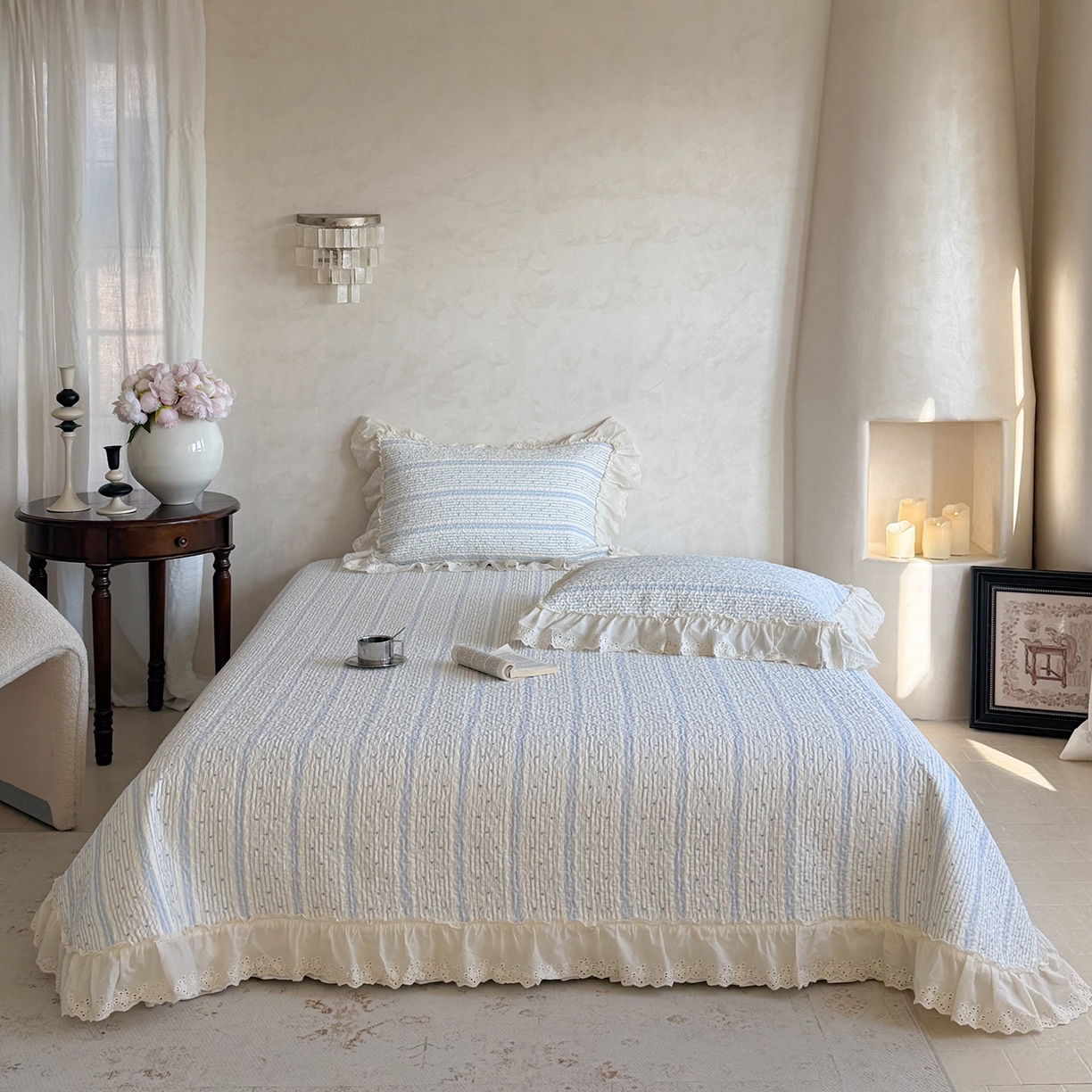 琳可家居 2026新款印花全棉双层纱床盖棉布花边高温水洗A类标准夹棉可机洗 多彩爱心-蓝