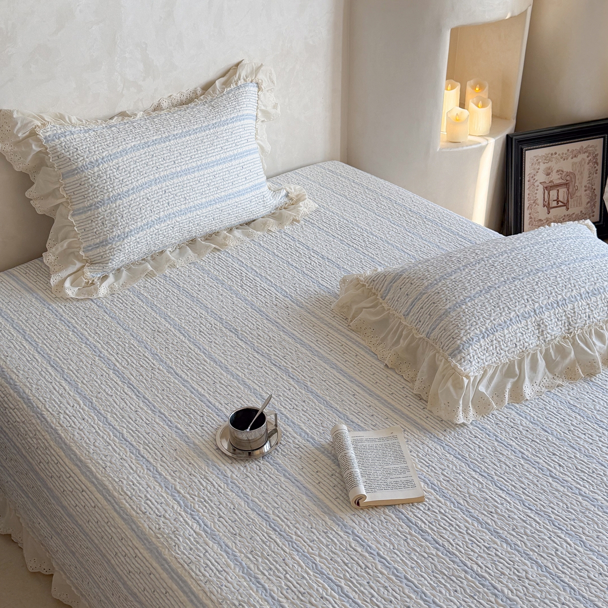 91家纺网 家纺一手货源 找家纺 琳可家居 2026新款印花全棉双层纱床盖棉布花边高温水洗A类标准夹棉可机洗 多彩爱心-蓝