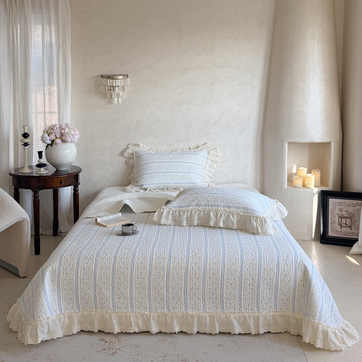 91家纺网 家纺一手货源 找家纺 琳可家居 2026新款印花全棉双层纱床盖棉布花边高温水洗A类标准夹棉可机洗 多彩爱心-蓝