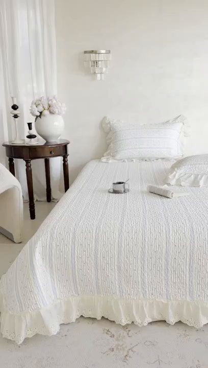 91家纺网 家纺一手货源 找家纺 琳可家居 2026新款印花全棉双层纱床盖棉布花边高温水洗A类标准夹棉可机洗 多彩爱心-蓝