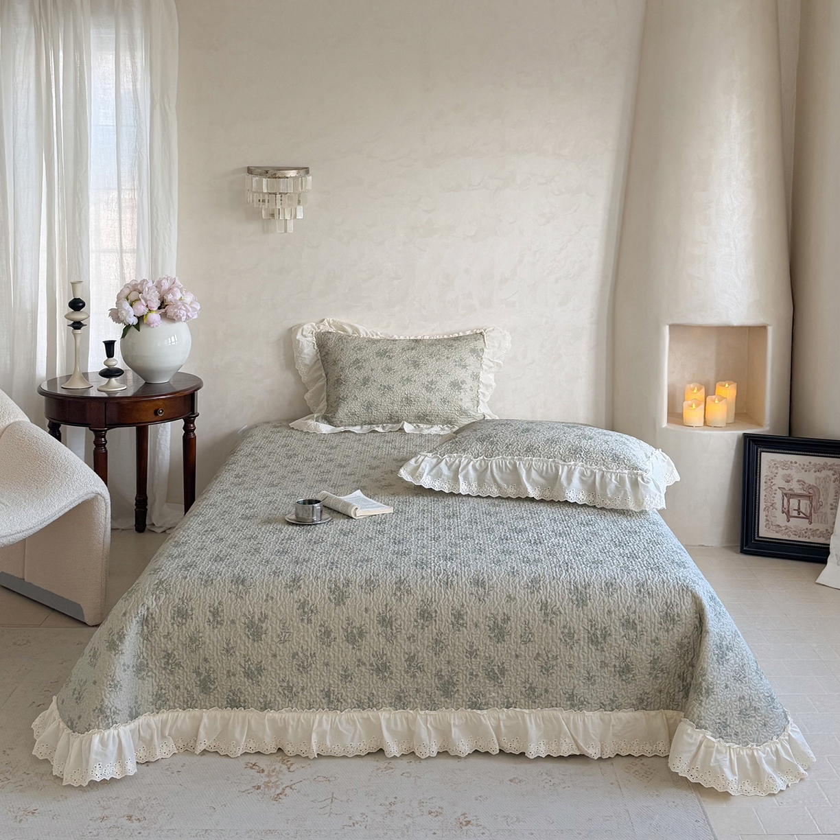 琳可家居 2026新款印花全棉双层纱床盖棉布花边高温水洗A类标准夹棉可机洗 风雅花韵