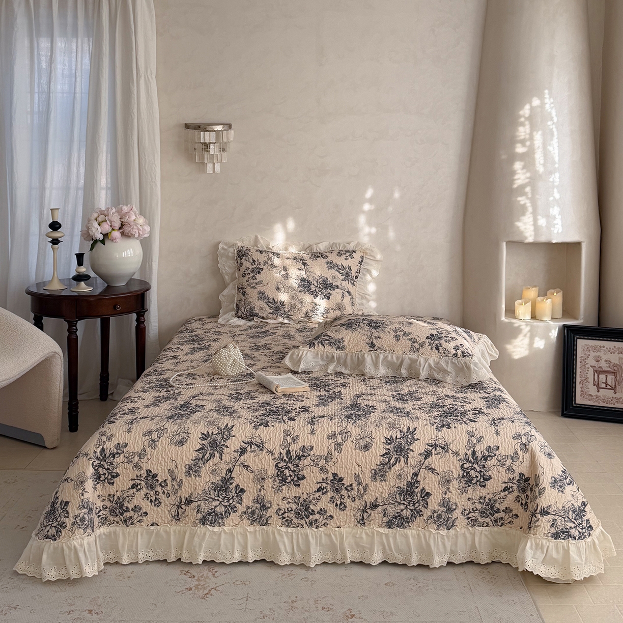 琳可家居 2026新款印花全棉双层纱床盖棉布花边高温水洗A类标准夹棉可机洗 玫瑰故事