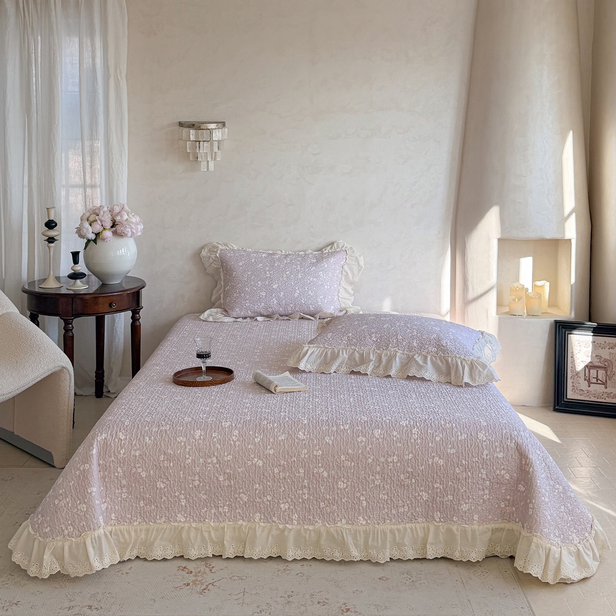 琳可家居 2026新款印花全棉双层纱床盖棉布花边高温水洗A类标准夹棉可机洗 山岚绮梦