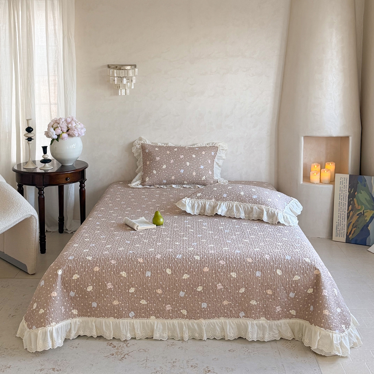 琳可家居 2026新款印花全棉双层纱床盖棉布花边高温水洗A类标准夹棉可机洗 熊熊乐园