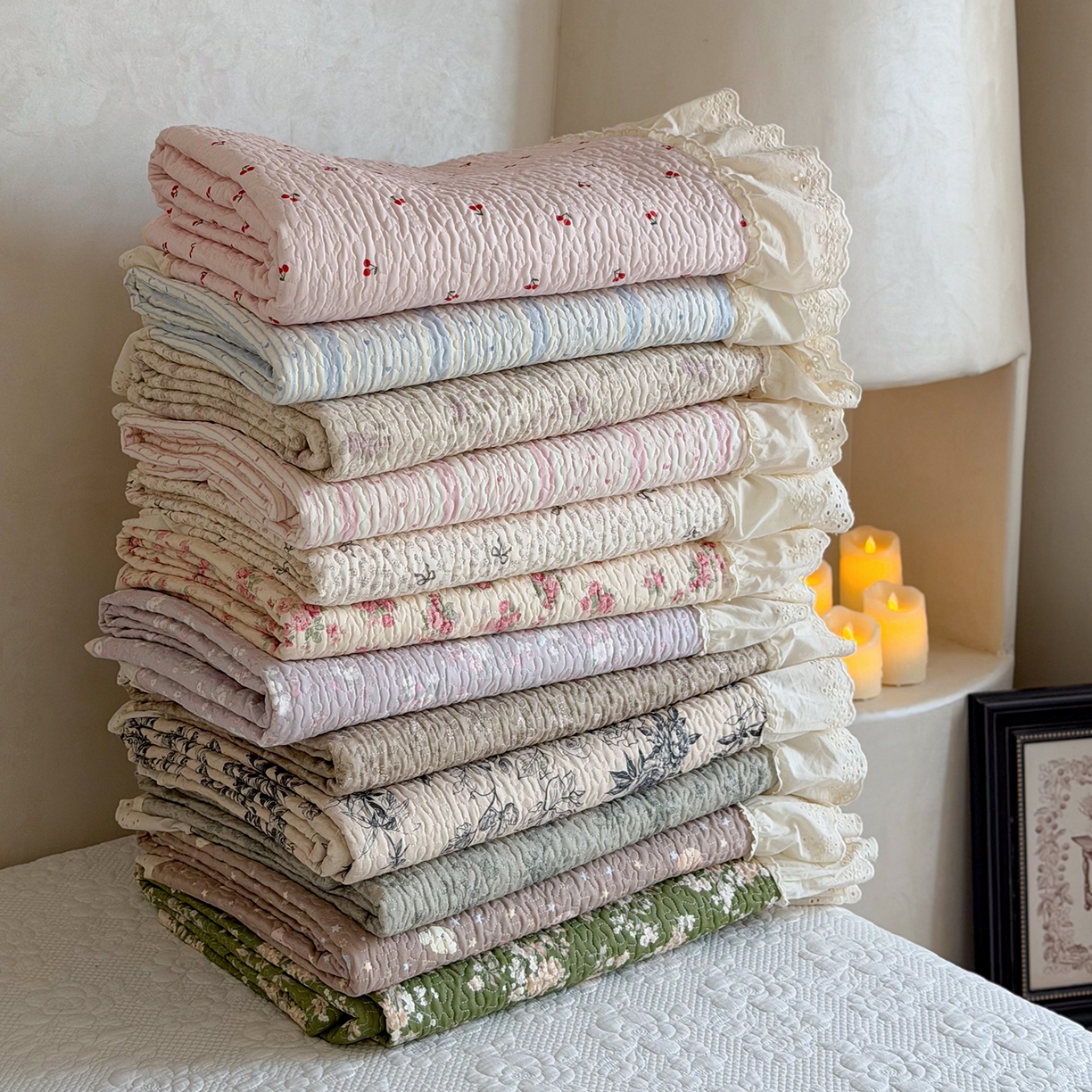 91家纺网 家纺一手货源 找家纺 琳可家居 2026新款印花全棉双层纱床盖棉布花边高温水洗A类标准夹棉可机洗 组合图