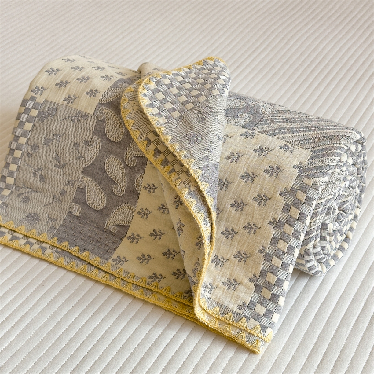 91家纺网 家纺一手货源 找家纺 兄弟坊 2025新款全棉三层纱多功能毛巾被（盖毯床单夏被）棉澜 棉澜-巴黎风情灰