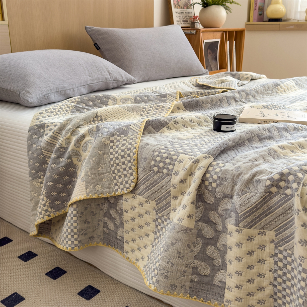 91家纺网 家纺一手货源 找家纺 兄弟坊 2025新款全棉三层纱多功能毛巾被（盖毯床单夏被）棉澜 棉澜-巴黎风情灰