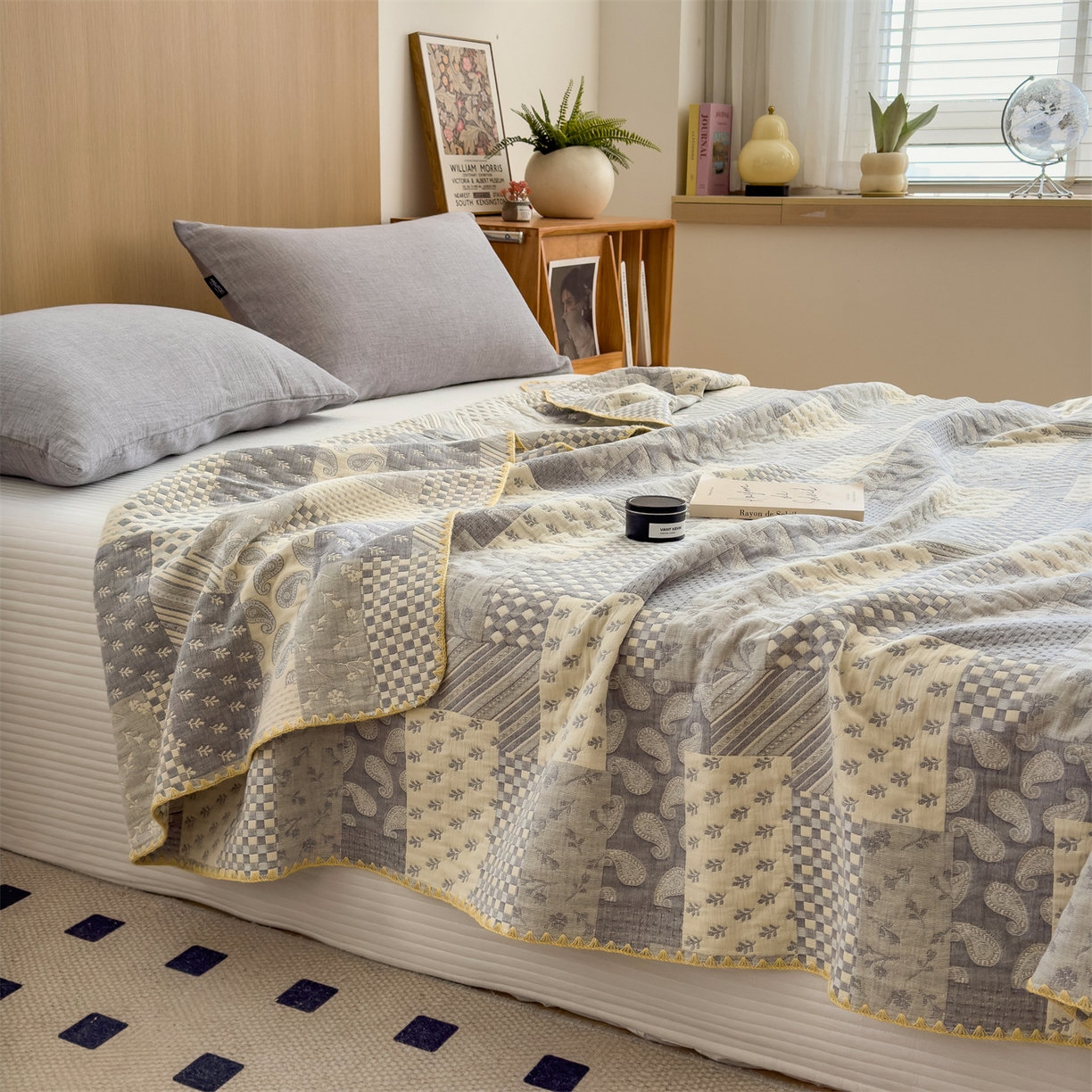 91家纺网 家纺一手货源 找家纺 兄弟坊 2025新款全棉三层纱多功能毛巾被（盖毯床单夏被）棉澜 棉澜-巴黎风情灰