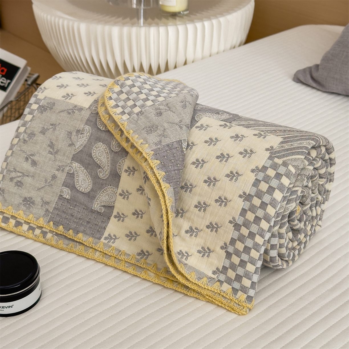 91家纺网 家纺一手货源 找家纺 兄弟坊 2025新款全棉三层纱多功能毛巾被（盖毯床单夏被）棉澜 棉澜-巴黎风情灰