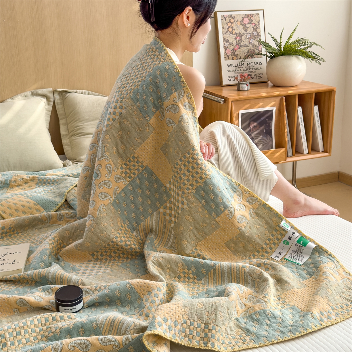 91家纺网 家纺一手货源 找家纺 兄弟坊 2025新款全棉三层纱多功能毛巾被（盖毯床单夏被）棉澜 棉澜-巴黎风情黄