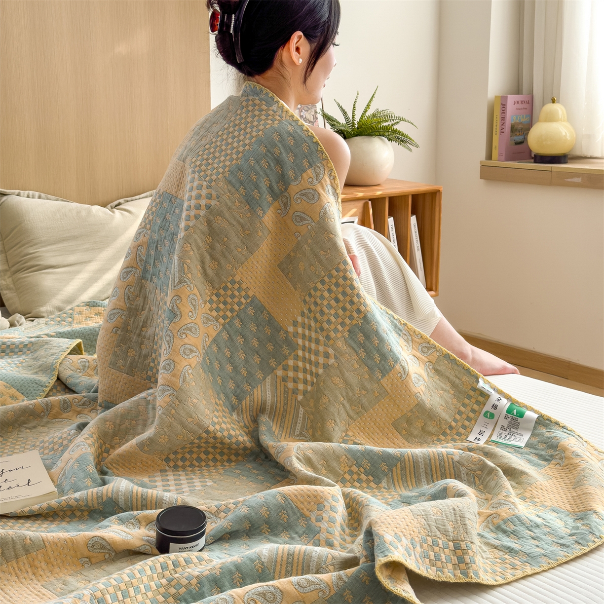 91家纺网 家纺一手货源 找家纺 兄弟坊 2025新款全棉三层纱多功能毛巾被（盖毯床单夏被）棉澜 棉澜-巴黎风情黄