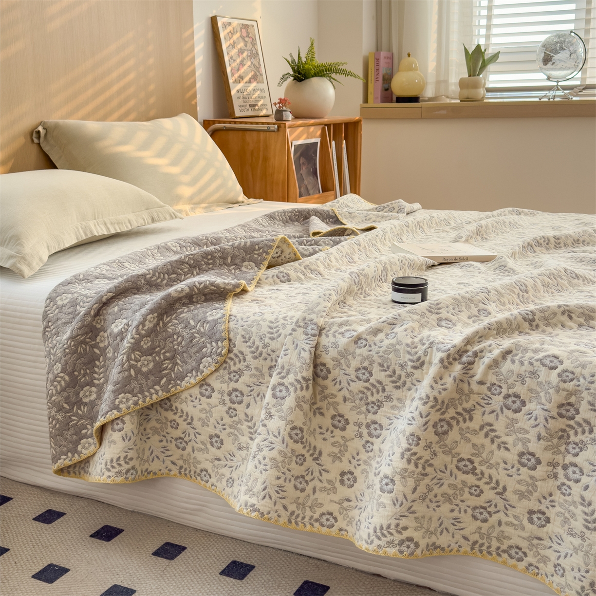 91家纺网 家纺一手货源 找家纺 兄弟坊 2025新款全棉三层纱多功能毛巾被（盖毯床单夏被）棉澜 棉澜-花漾黄