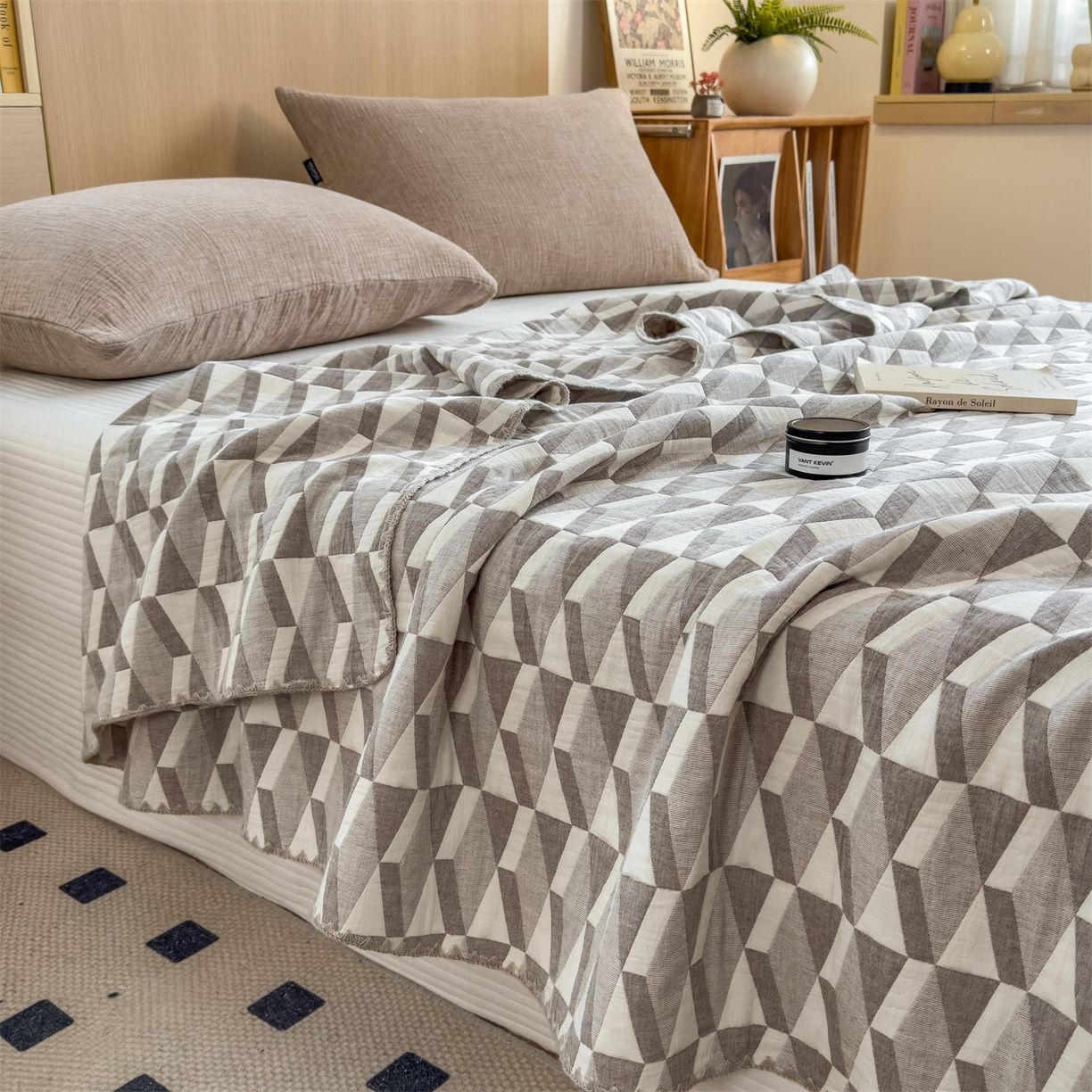 91家纺网 家纺一手货源 找家纺 兄弟坊 2025新款全棉三层纱多功能毛巾被（盖毯床单夏被）棉澜 棉澜-简纹黑白