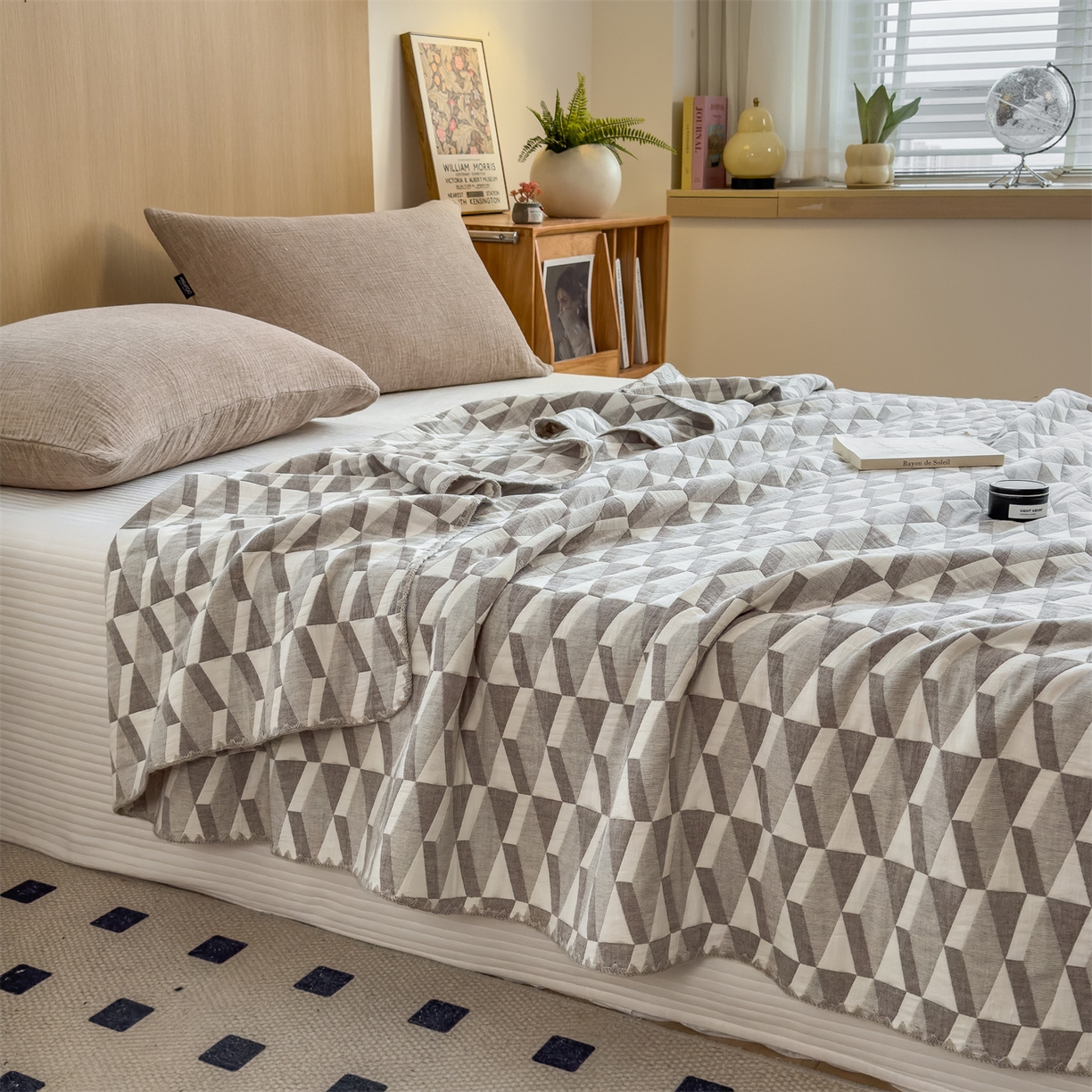 91家纺网 家纺一手货源 找家纺 兄弟坊 2025新款全棉三层纱多功能毛巾被（盖毯床单夏被）棉澜 棉澜-简纹黑白