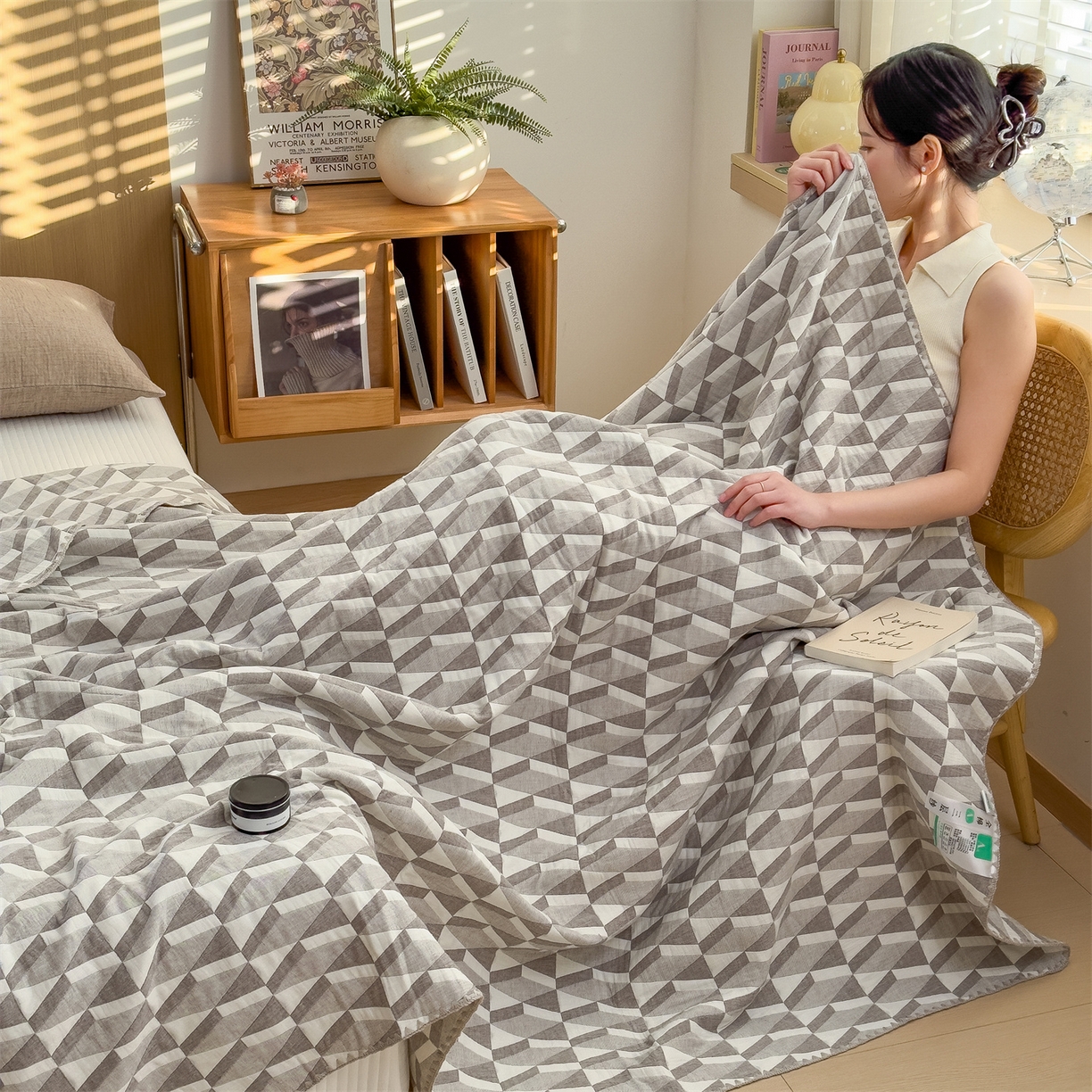 91家纺网 家纺一手货源 找家纺 兄弟坊 2025新款全棉三层纱多功能毛巾被（盖毯床单夏被）棉澜 棉澜-简纹黑白