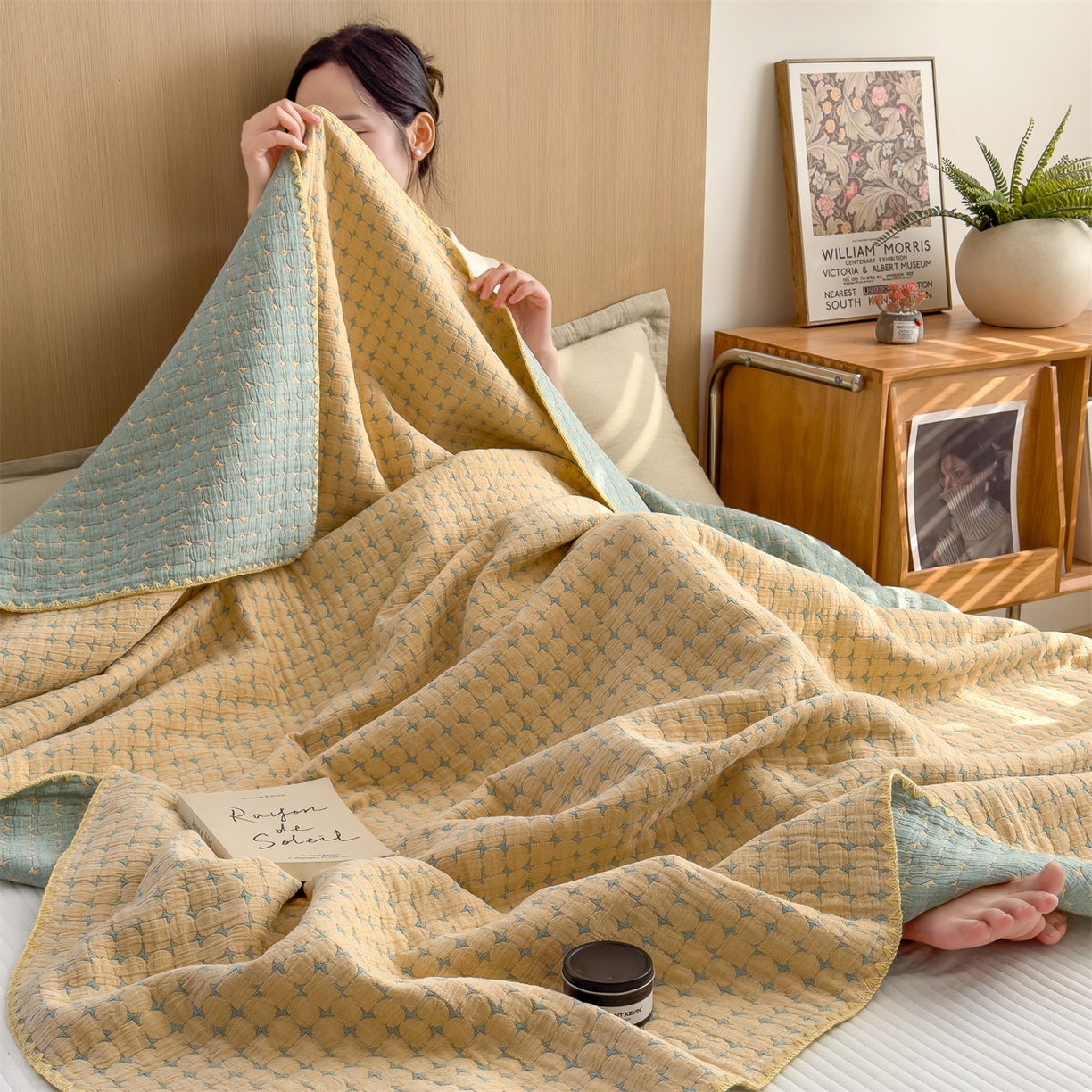 91家纺网 家纺一手货源 找家纺 兄弟坊 2025新款全棉三层纱多功能毛巾被（盖毯床单夏被）棉澜 棉澜-星悦黄