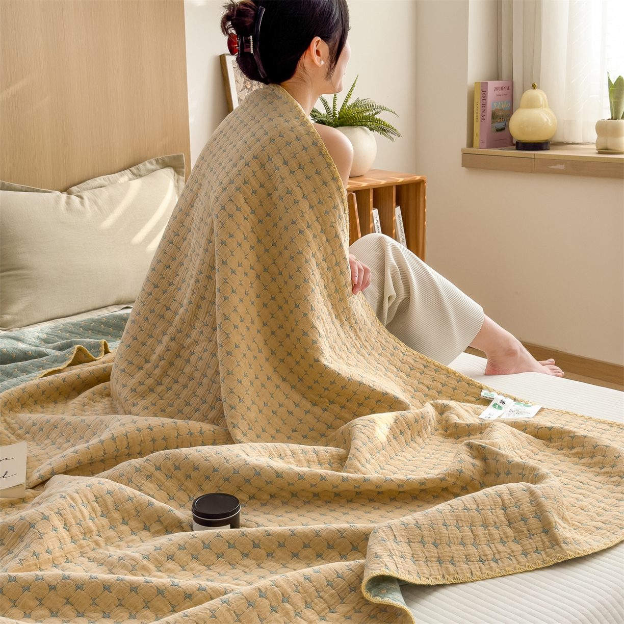 91家纺网 家纺一手货源 找家纺 兄弟坊 2025新款全棉三层纱多功能毛巾被（盖毯床单夏被）棉澜 棉澜-星悦黄