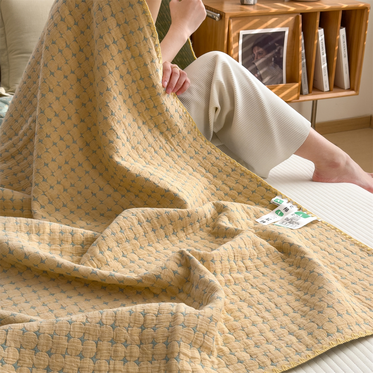 91家纺网 家纺一手货源 找家纺 兄弟坊 2025新款全棉三层纱多功能毛巾被（盖毯床单夏被）棉澜 棉澜-星悦黄