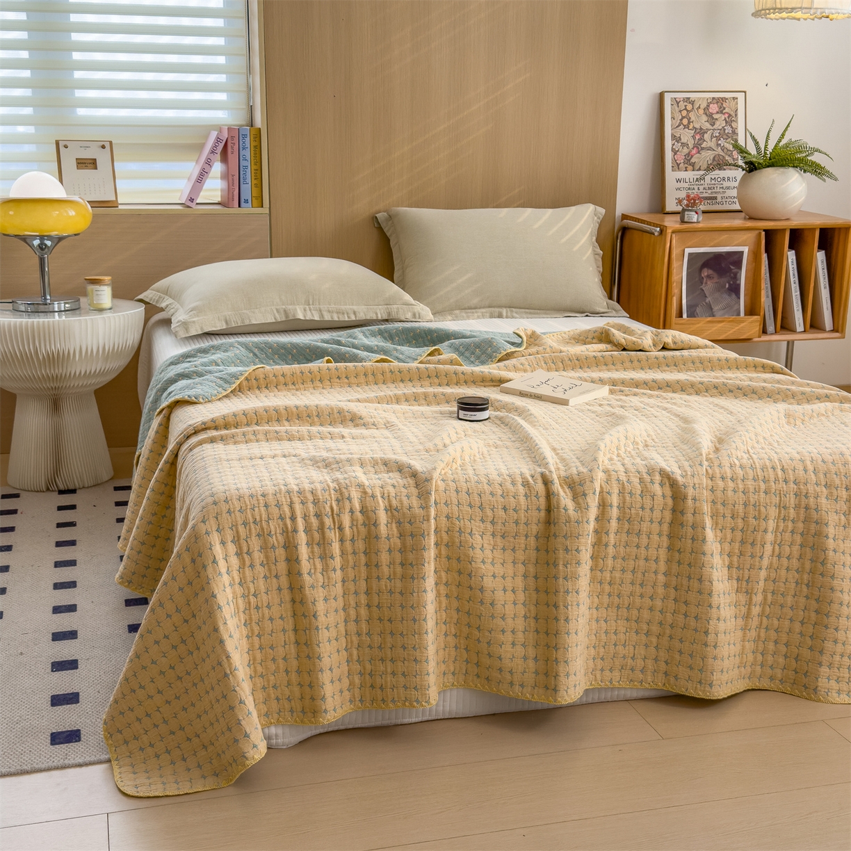 91家纺网 家纺一手货源 找家纺 兄弟坊 2025新款全棉三层纱多功能毛巾被（盖毯床单夏被）棉澜 棉澜-星悦黄