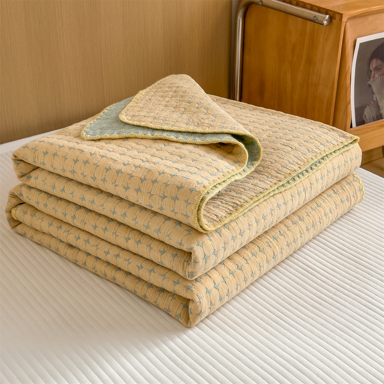 91家纺网 家纺一手货源 找家纺 兄弟坊 2025新款全棉三层纱多功能毛巾被（盖毯床单夏被）棉澜 棉澜-星悦黄