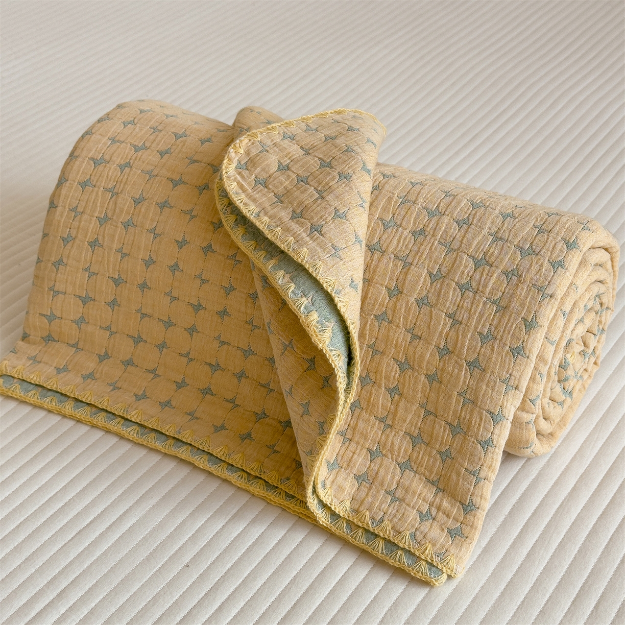 91家纺网 家纺一手货源 找家纺 兄弟坊 2025新款全棉三层纱多功能毛巾被（盖毯床单夏被）棉澜 棉澜-星悦黄