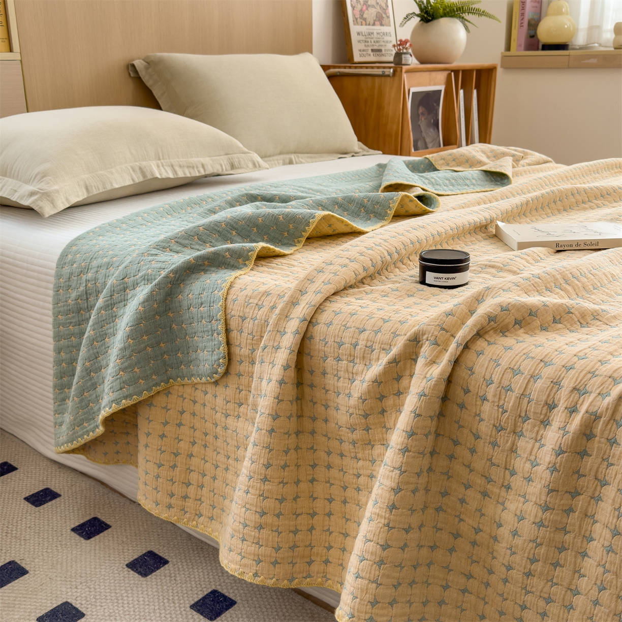 91家纺网 家纺一手货源 找家纺 兄弟坊 2025新款全棉三层纱多功能毛巾被（盖毯床单夏被）棉澜 棉澜-星悦黄