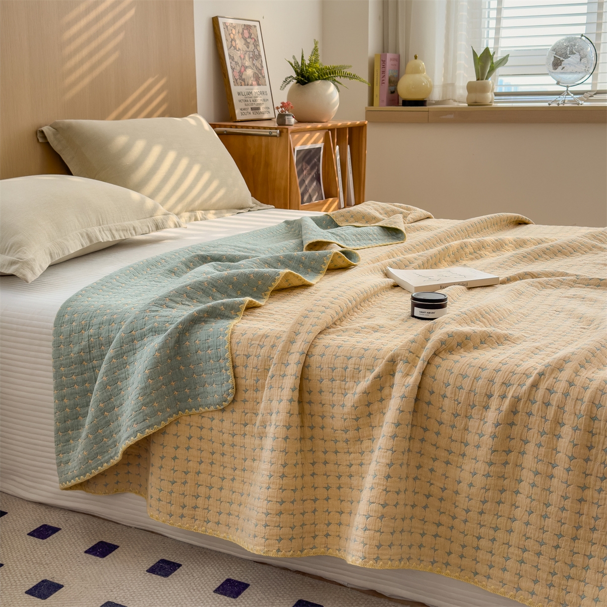 91家纺网 家纺一手货源 找家纺 兄弟坊 2025新款全棉三层纱多功能毛巾被（盖毯床单夏被）棉澜 棉澜-星悦黄