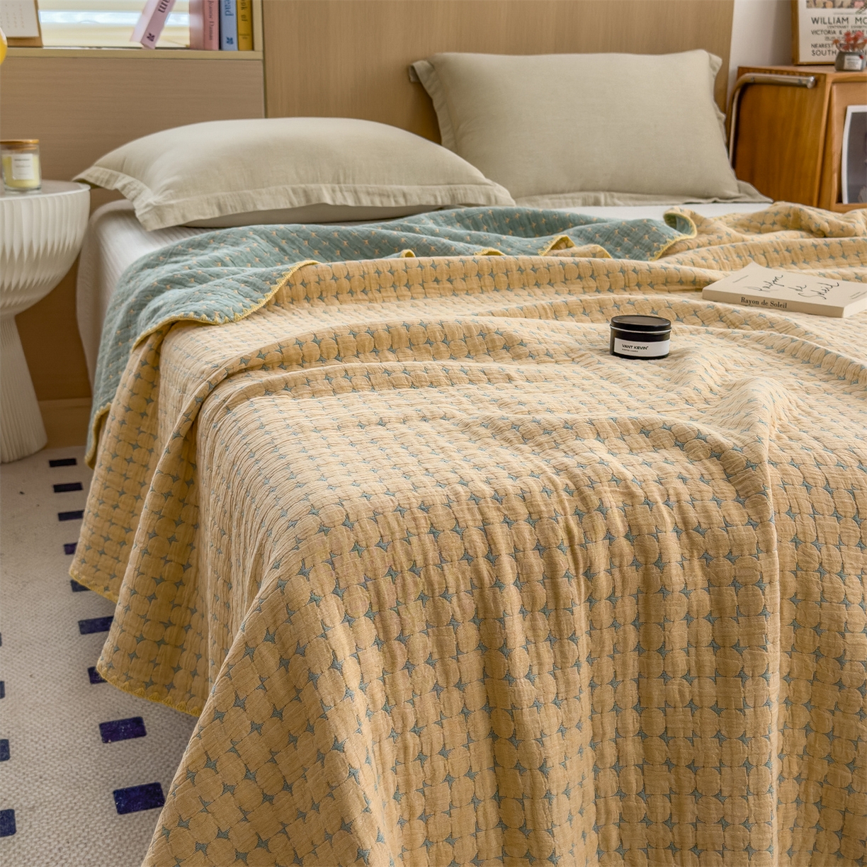 91家纺网 家纺一手货源 找家纺 兄弟坊 2025新款全棉三层纱多功能毛巾被（盖毯床单夏被）棉澜 棉澜-星悦黄