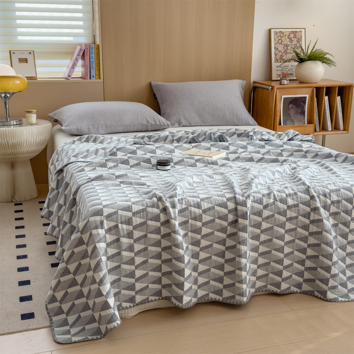 91家纺网 家纺一手货源 找家纺 兄弟坊 2025新款全棉三层纱多功能毛巾被（盖毯床单夏被）棉澜 棉澜-简纹灰白