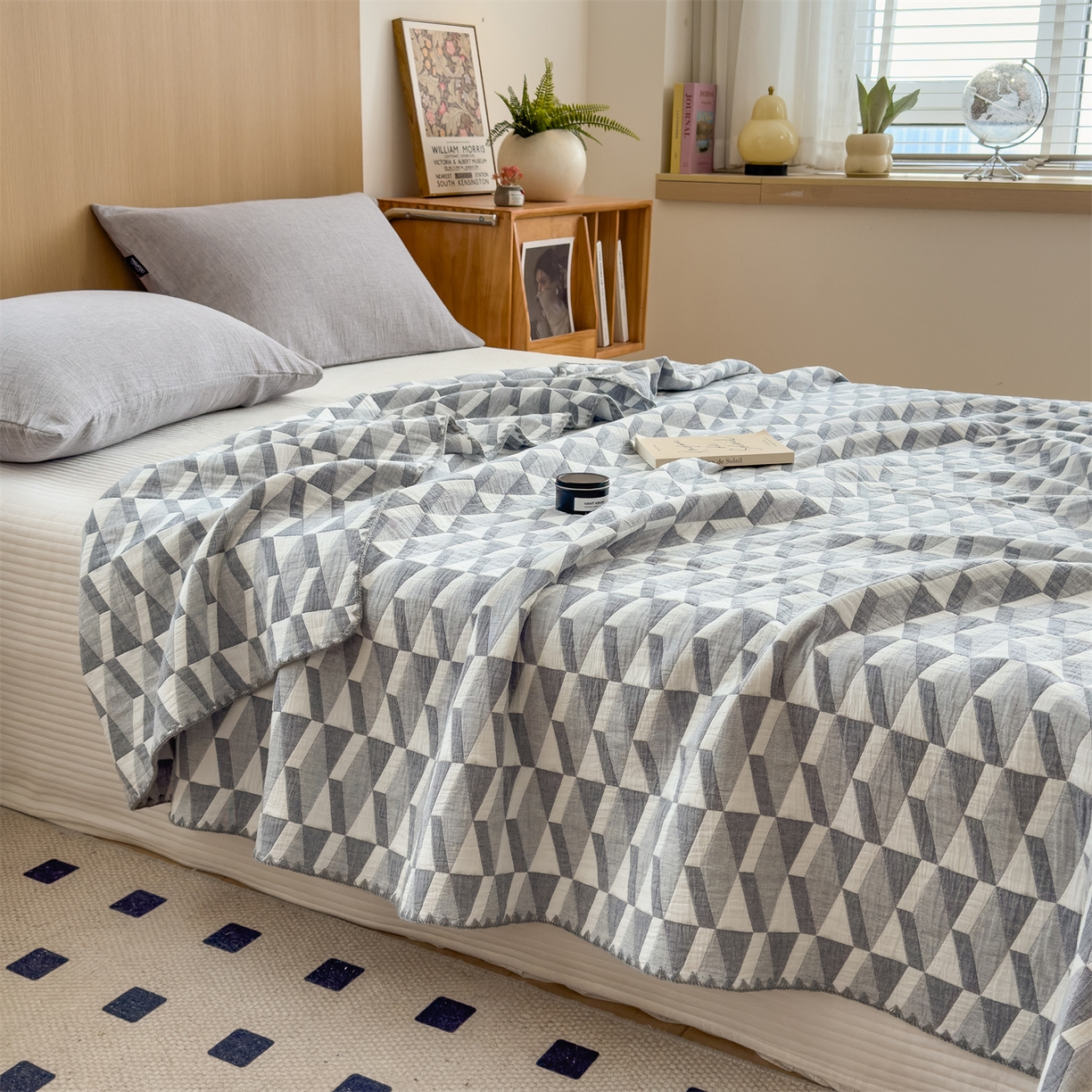 91家纺网 家纺一手货源 找家纺 兄弟坊 2025新款全棉三层纱多功能毛巾被（盖毯床单夏被）棉澜 棉澜-简纹灰白