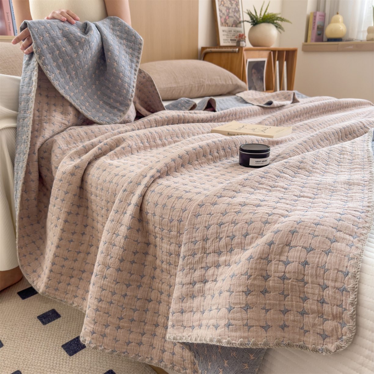 91家纺网 家纺一手货源 找家纺 兄弟坊 2025新款全棉三层纱多功能毛巾被（盖毯床单夏被）棉澜 棉澜-星悦灰