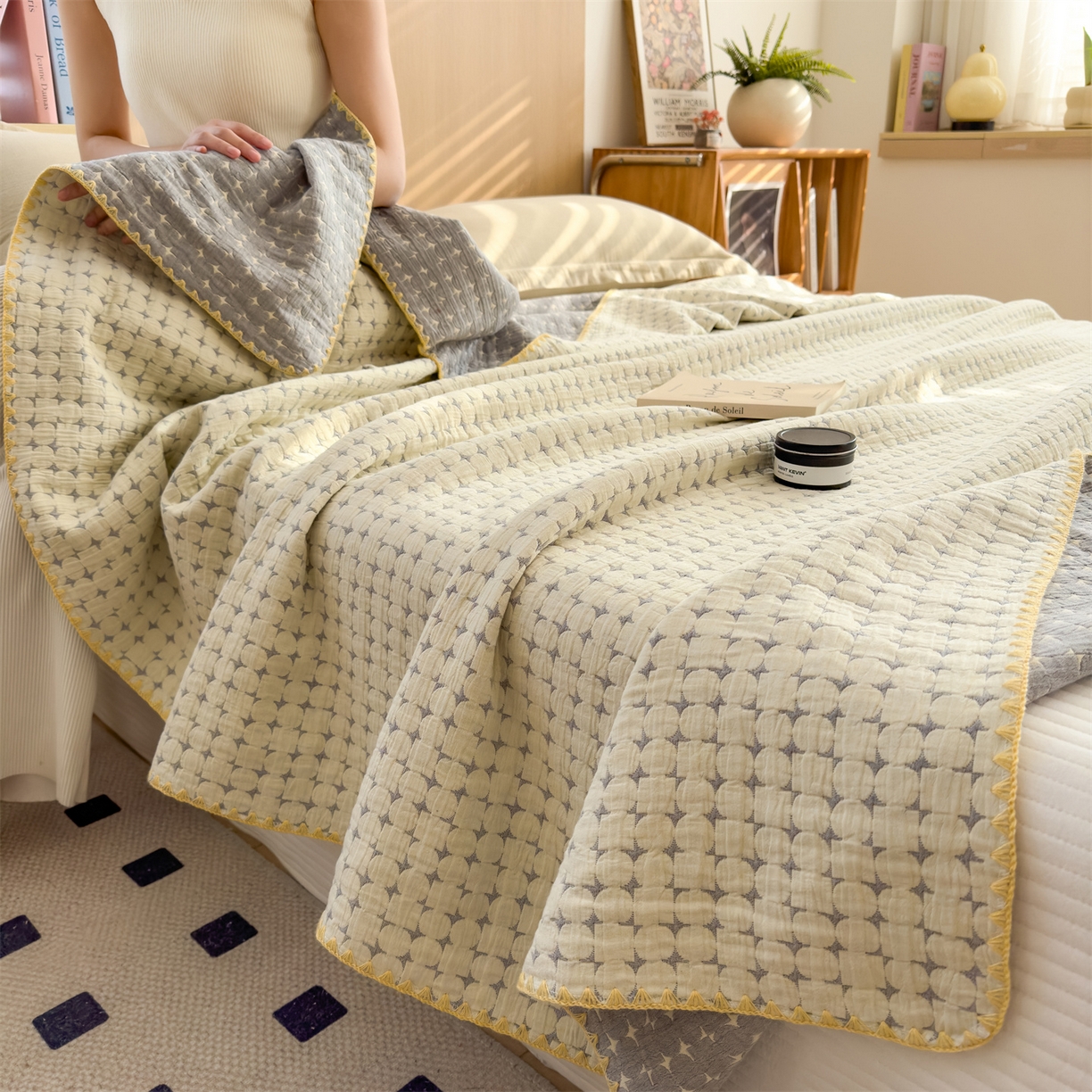 91家纺网 家纺一手货源 找家纺 兄弟坊 2025新款全棉三层纱多功能毛巾被（盖毯床单夏被）棉澜 棉澜-星悦奶白